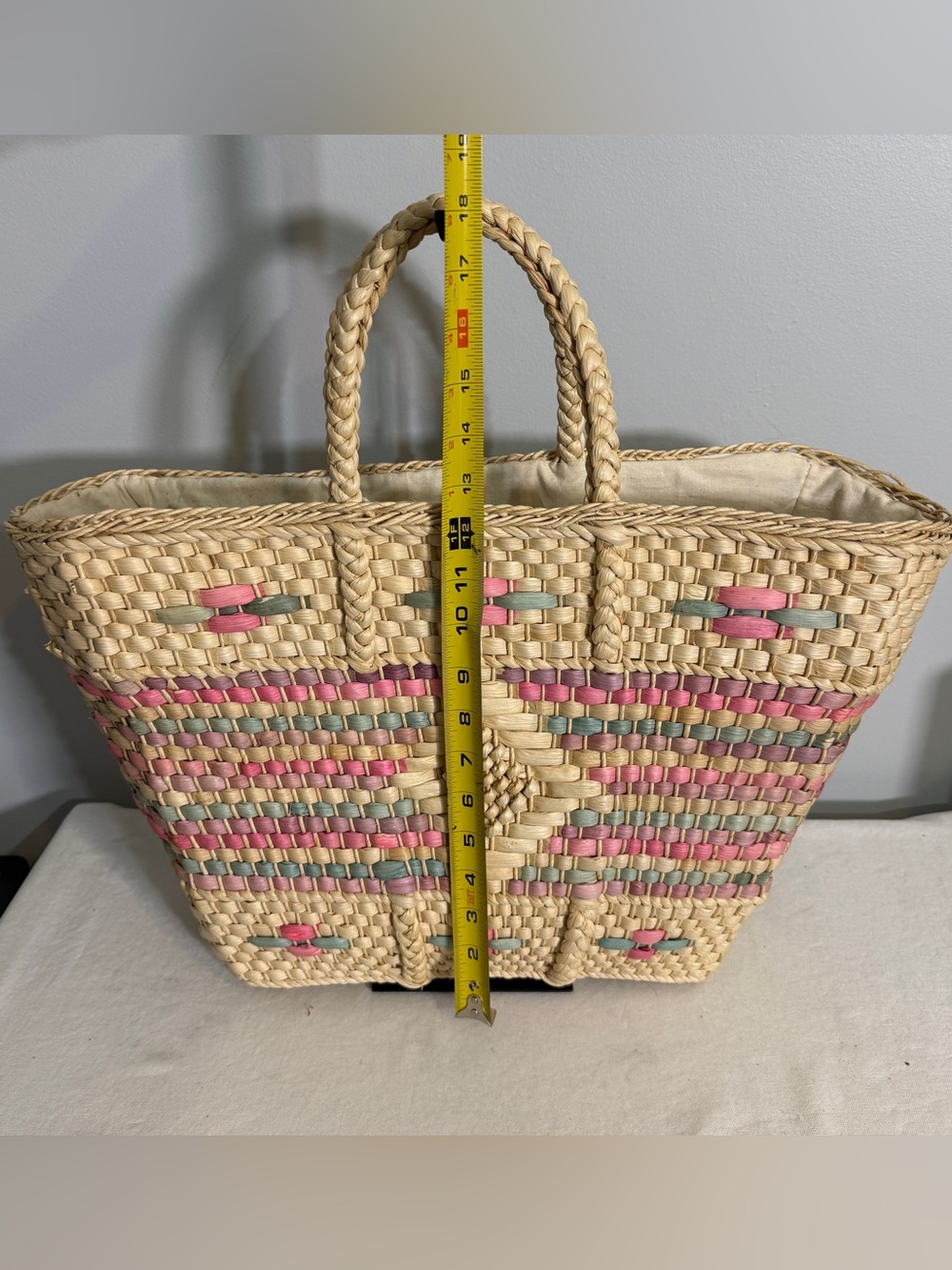 Vintage Straw Tote Market Bag Woven Pastel Pink Blue Purple Diamond Pattern - Picture 16 of 16